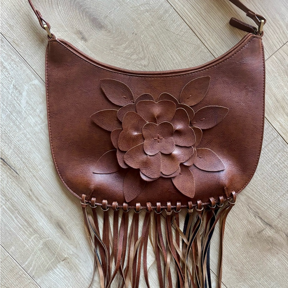 Leather Fringe Bag Boho Western Leather Bag with Flower and Fringe